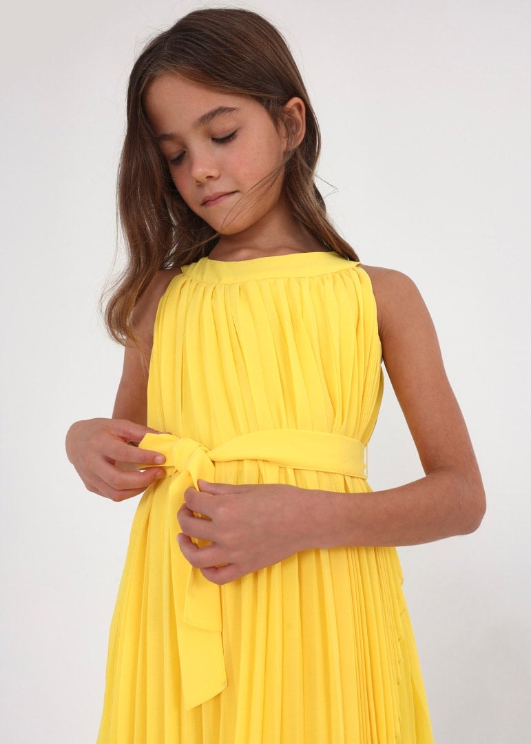 Mayoral Girls Bow Belt Pleated Dress Yellow Bella s Boutique
